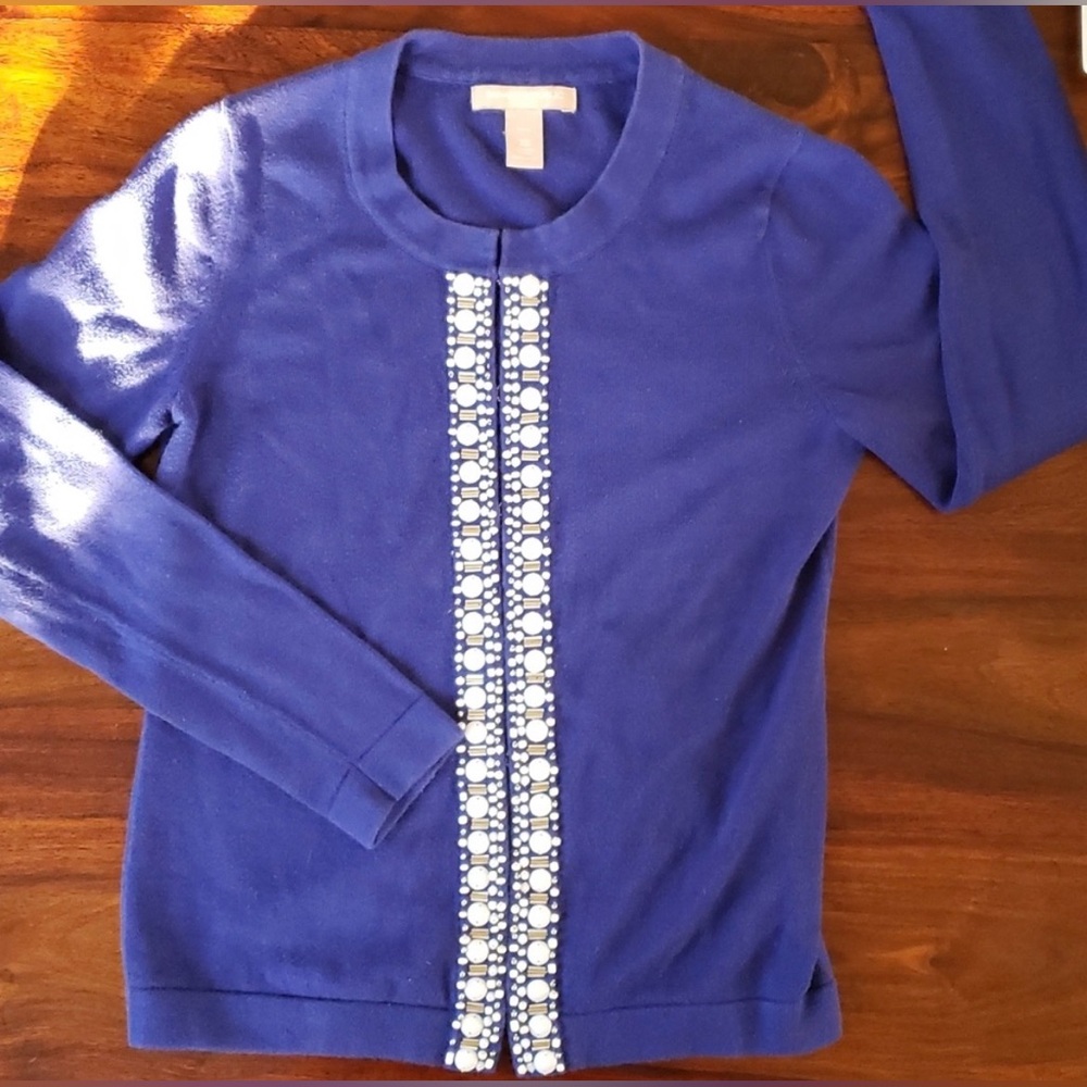 BANANA REPUBLIC Classic Blue Cardigan w/ White & Silver Embellishments, XS, NWOT
